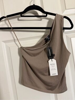 Express One-Shoulder Crop Tank Top in Taupe